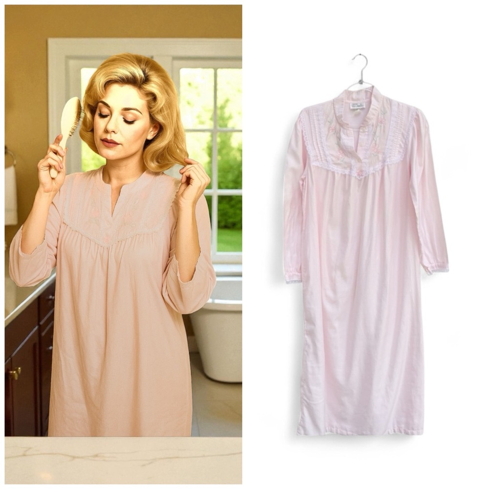 Character Pink Satin Sheen Nightgown Sz Small 19”x52” Vintage Modest Long Sleeve